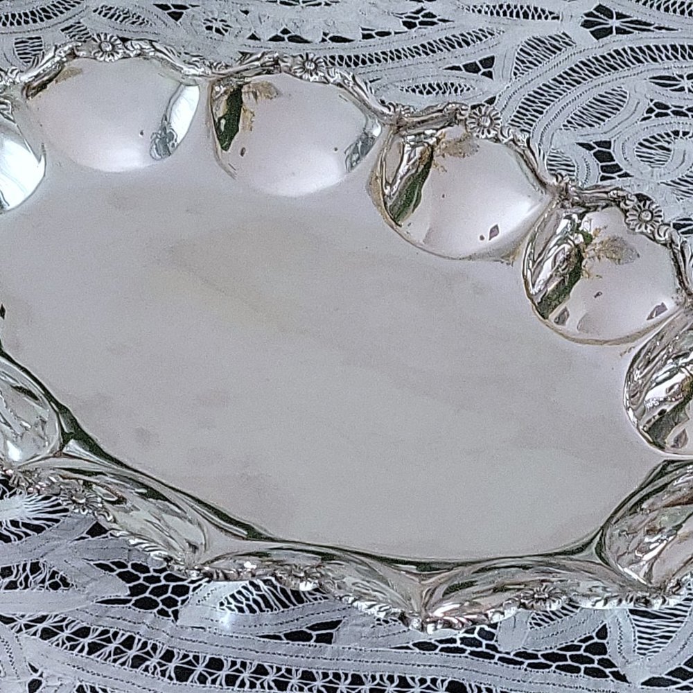 🔥Vintage 900 Sterling Silver Oblong Platter Tray 12x16” Lobed Floral Rim 24oz🔥 - Picture 5 of 11